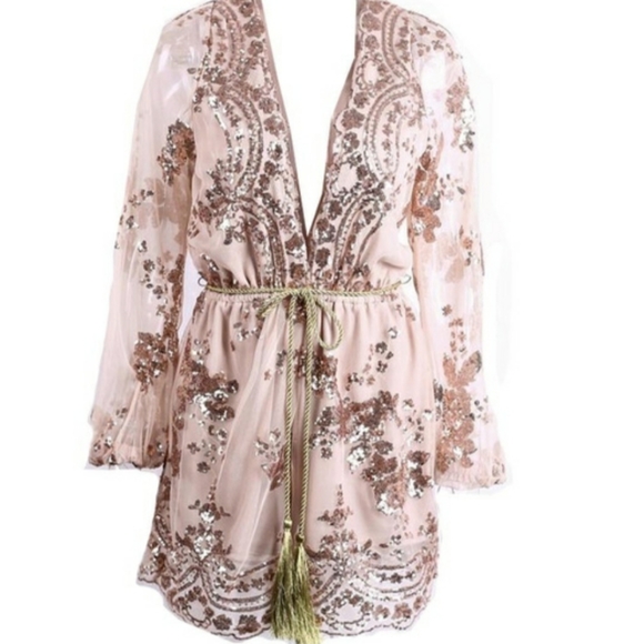 Rose Gold Sequin Embroidered Long Sleeve Romper - Picture 2 of 7